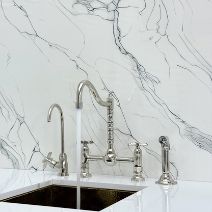 Polished Nickel Victorian Bridge Faucet with Ball Center, Sprayer, Cold Water Faucet, and Cross Handles