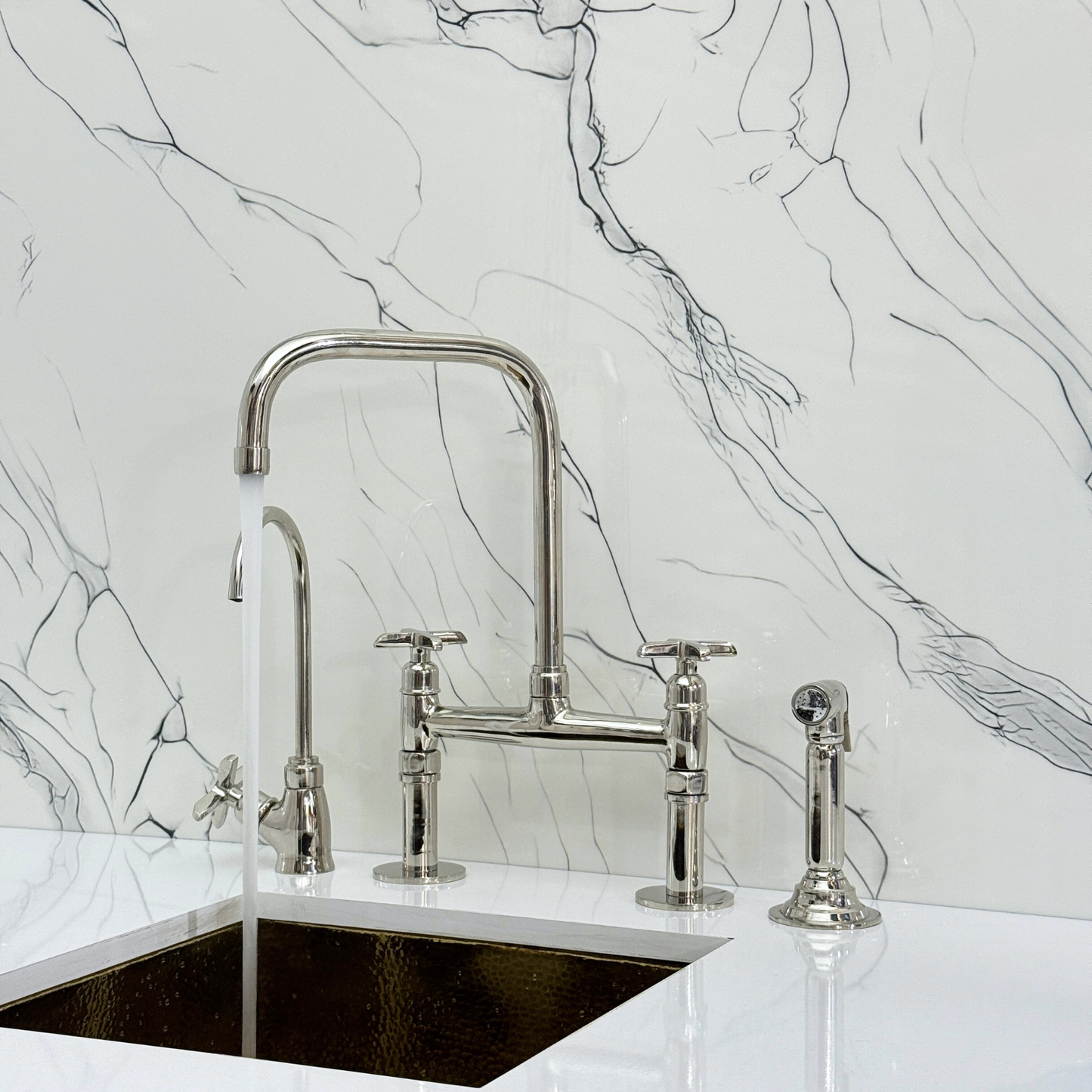 Polished Nickel Classic Bridge Faucet with Sprayer, Cold Water Faucet and Cross Handles