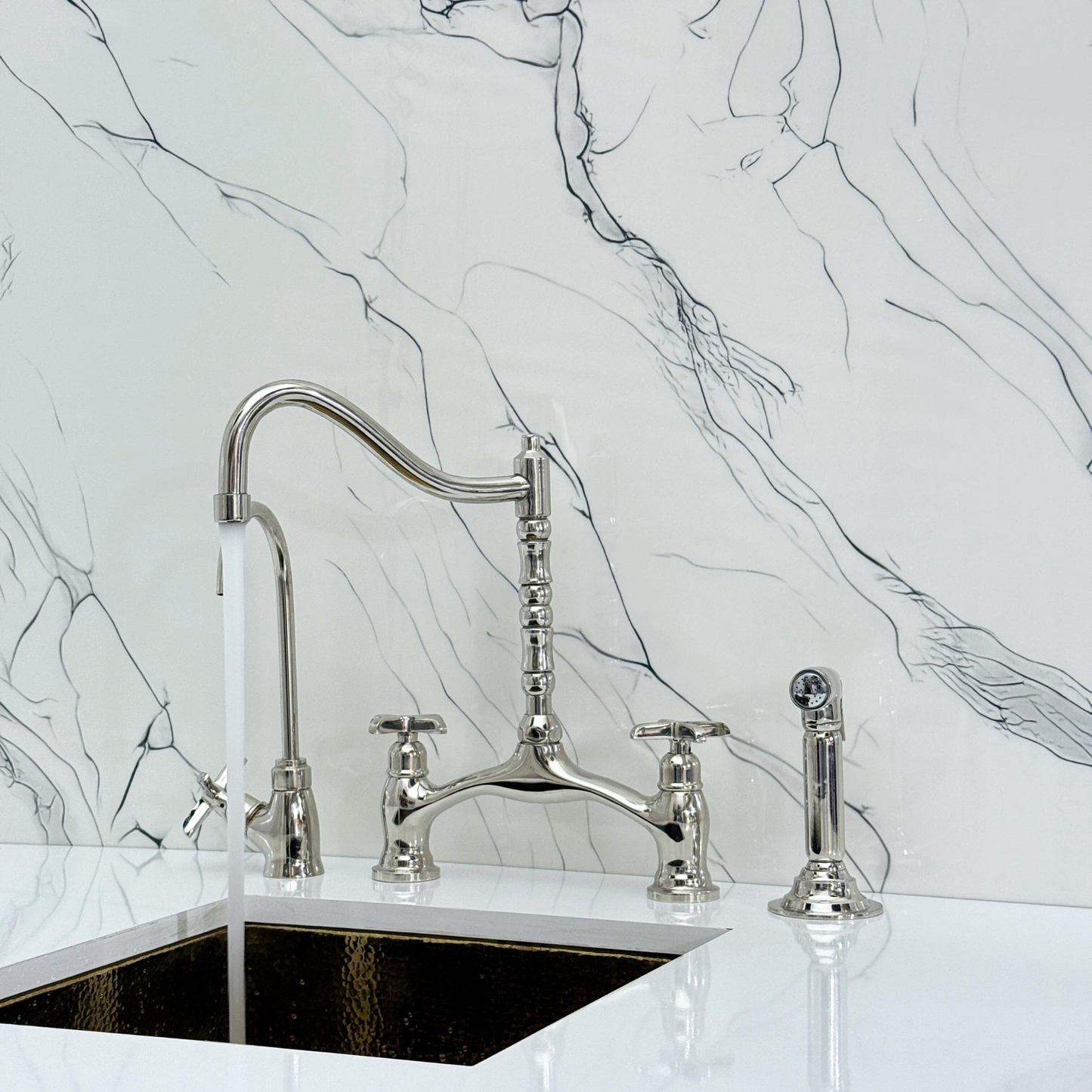 Polished Nickel Victorian Bridge Kitchen Faucet with Sprayer, Drinking Water Tap and Cross Handles