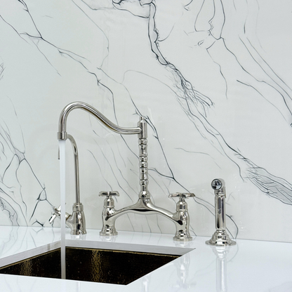 Polished Nickel Victorian Bridge Kitchen Faucet with Sprayer, Drinking Water Tap and Cross Handles