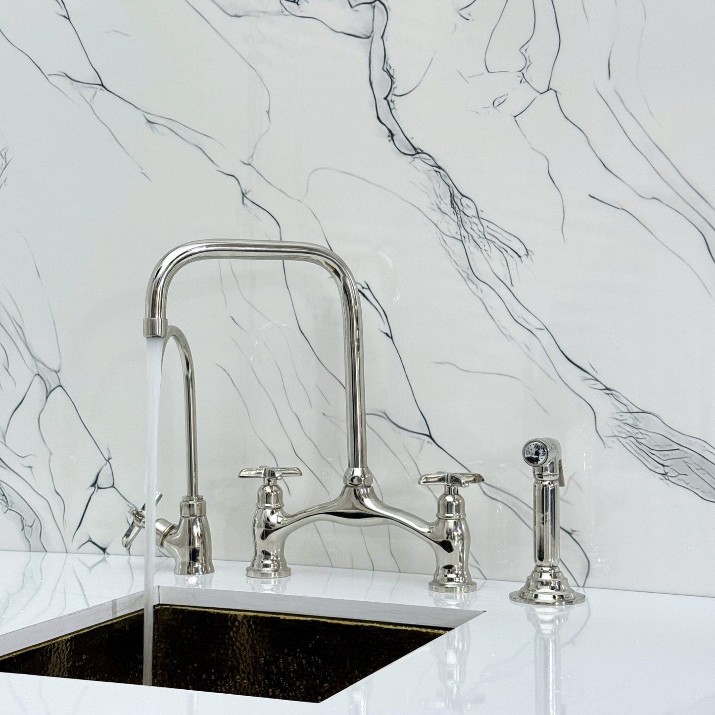 Polished Nickel Vintage Bridge Kitchen Faucet with Sprayer, Drinking Water Tap and Cross Handles