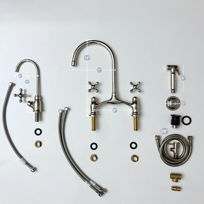 Polished Nickel Kitchen Bridge Faucet with Drinking Water Tap, Sprayer, and Cross Handles
