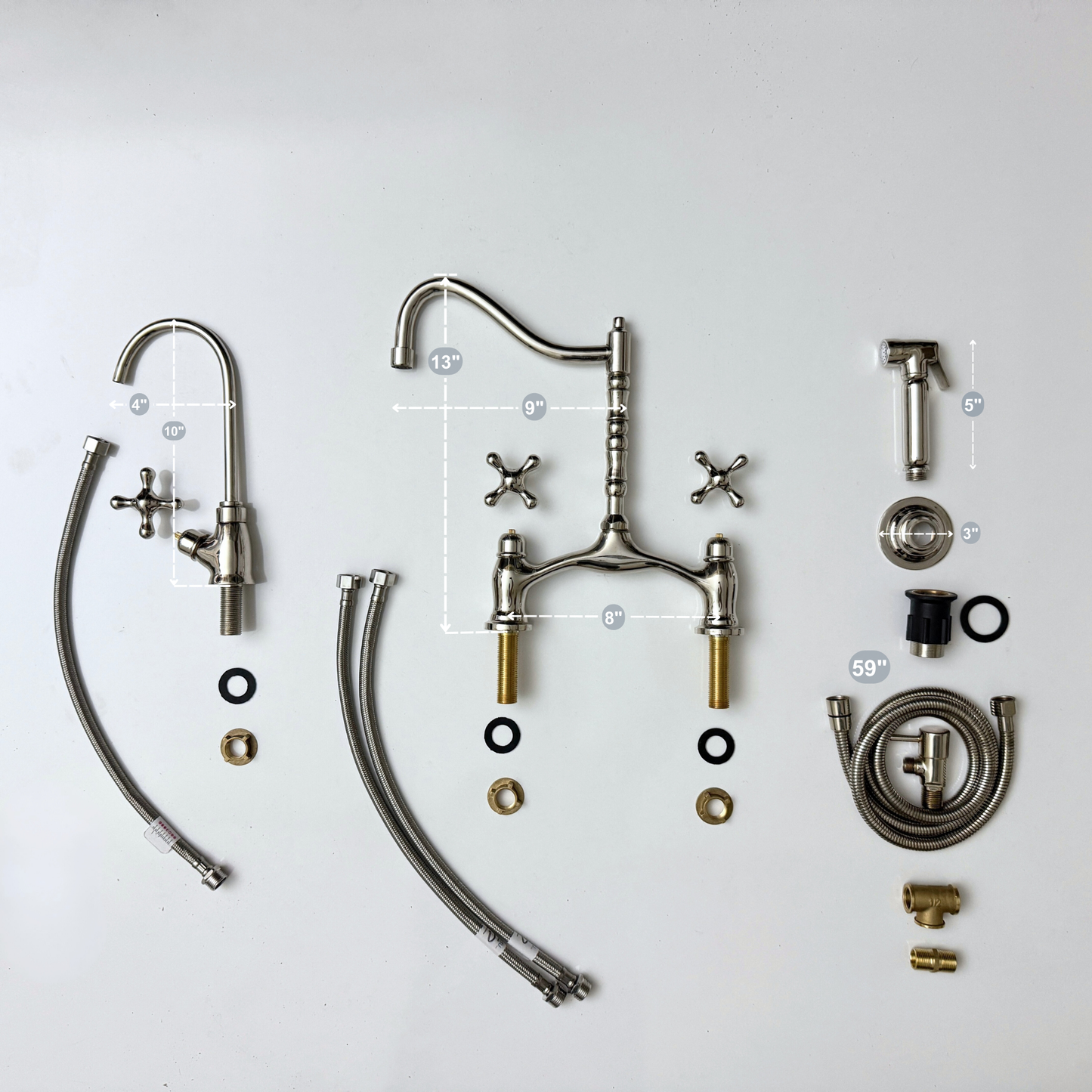 Polished Nickel Victorian Bridge Kitchen Faucet with Sprayer, Drinking Water Tap and Cross Handles