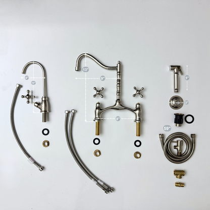 Polished Nickel Victorian Bridge Kitchen Faucet with Sprayer, Drinking Water Tap and Cross Handles