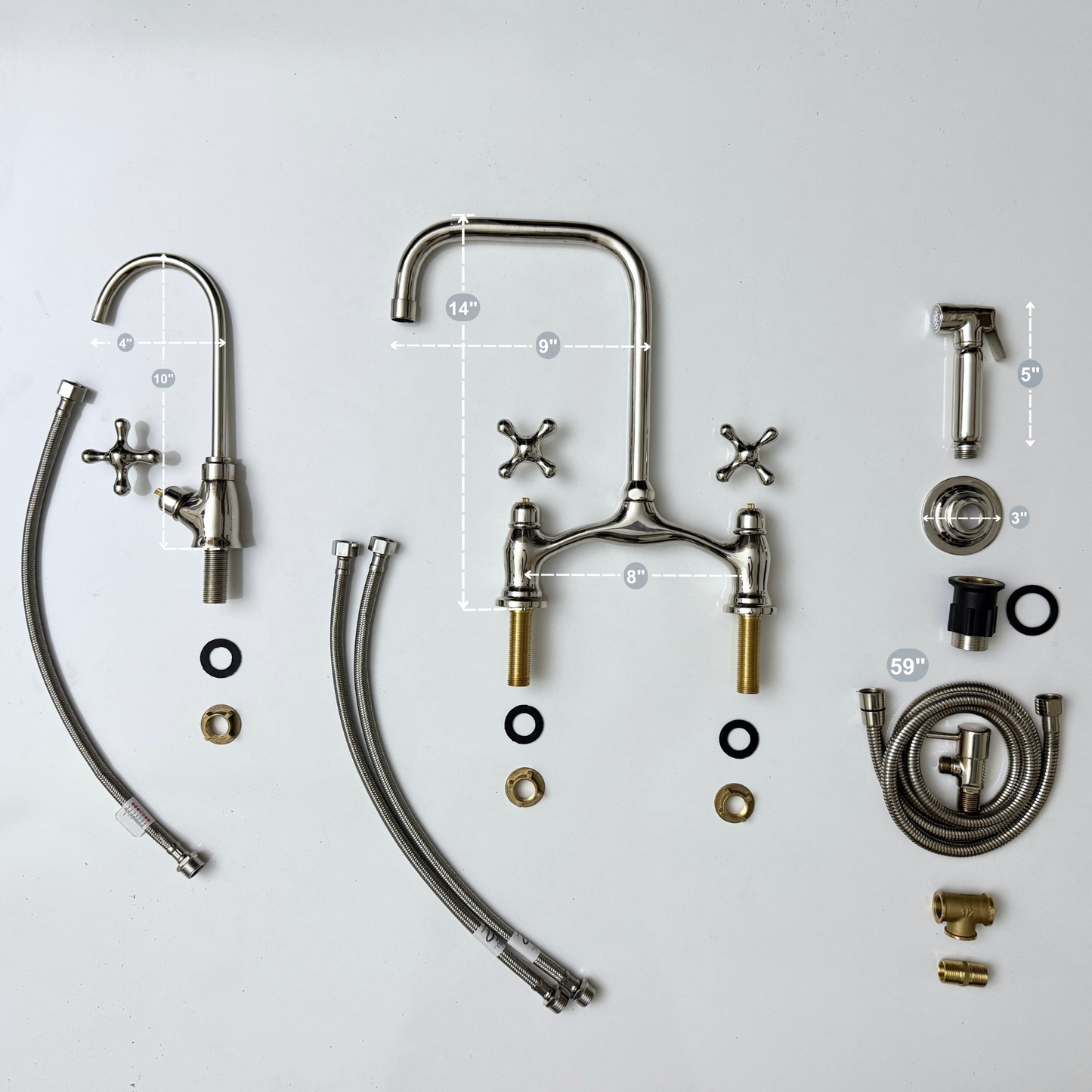 Polished Nickel Vintage Bridge Kitchen Faucet with Sprayer, Drinking Water Tap and Cross Handles