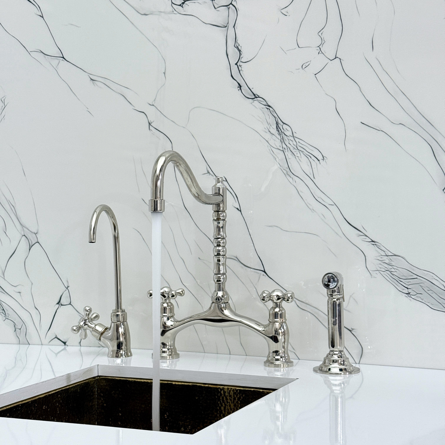 Polished Nickel Victorian Bridge Kitchen Faucet with Sprayer, Drinking Water Tap and Cross Handles