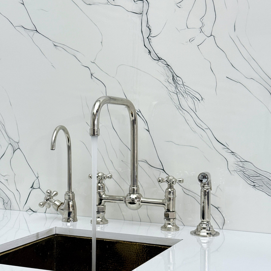 Polished Nickel Classic Bridge Faucet with Ball Center, Sprayer, Cold Water Faucet and Cross Handles