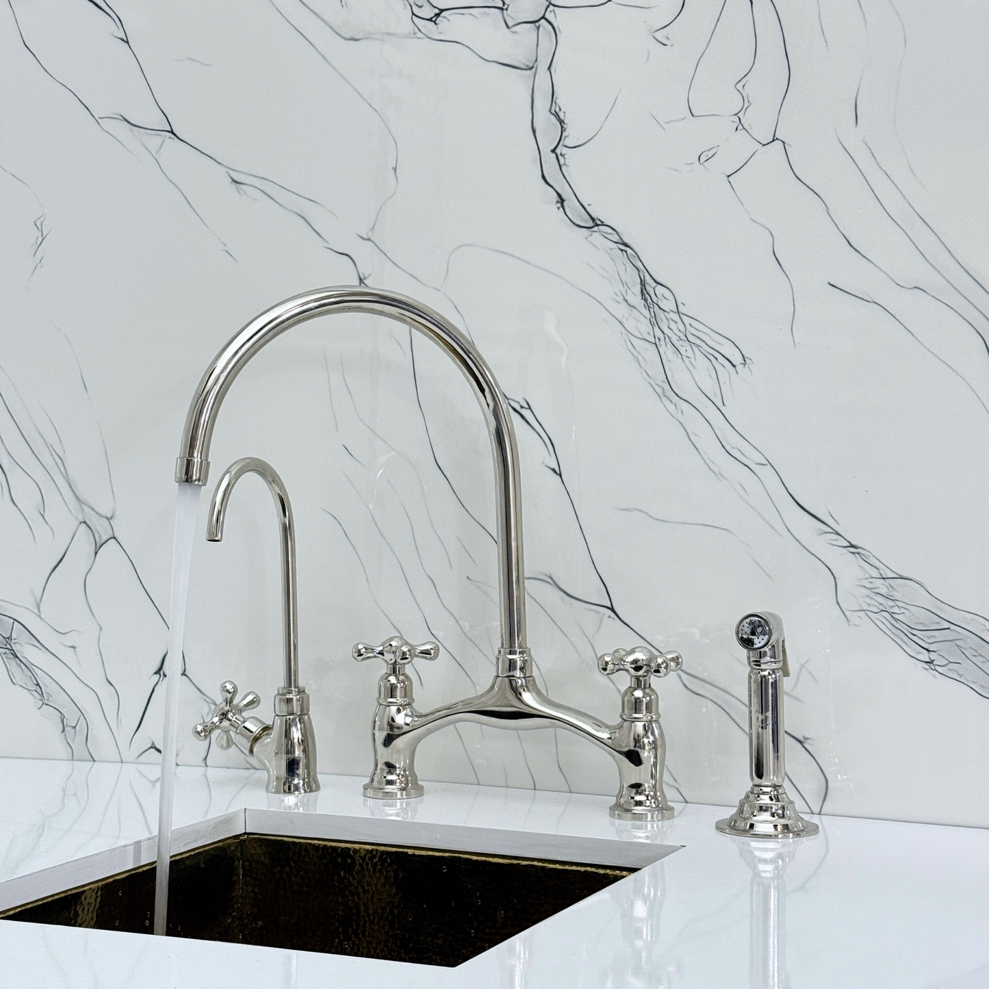Polished Nickel Kitchen Bridge Faucet with Sprayer, Drinking Water Tap and Cross Handles
