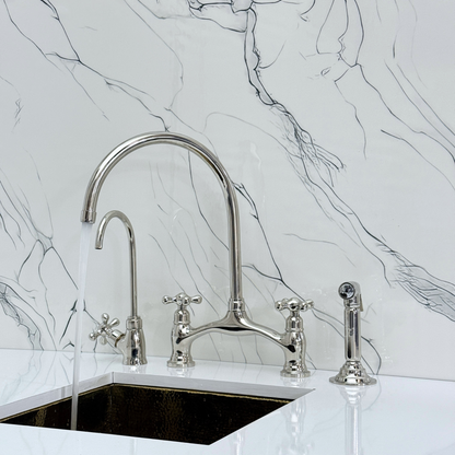 Polished Nickel Kitchen Bridge Faucet with Sprayer, Drinking Water Tap and Cross Handles