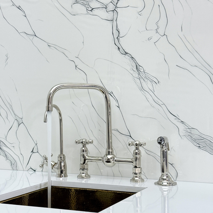 Polished Nickel Classic Bridge Faucet with Ball Center, Sprayer, Cold Water Faucet and Cross Handles
