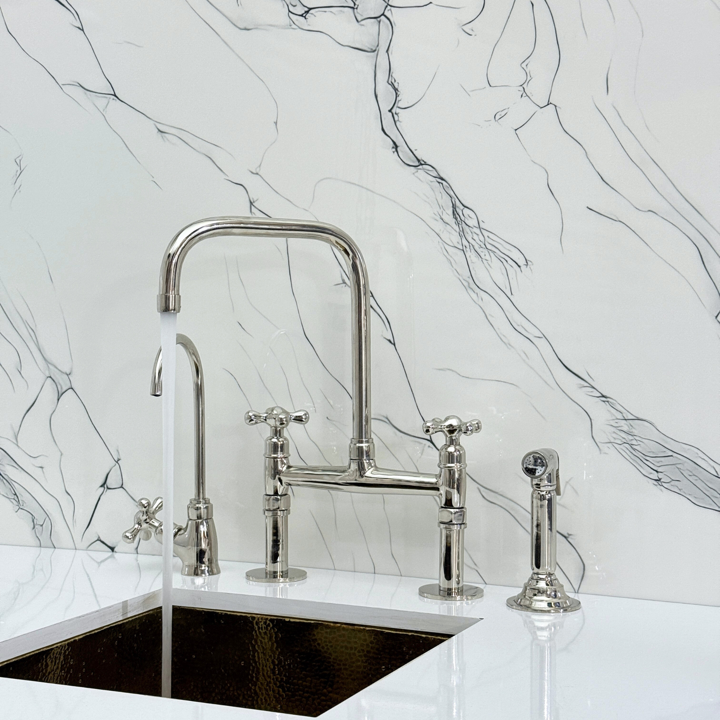 Polished Nickel Classic Bridge Faucet with Sprayer, Cold Water Faucet and Cross Handles