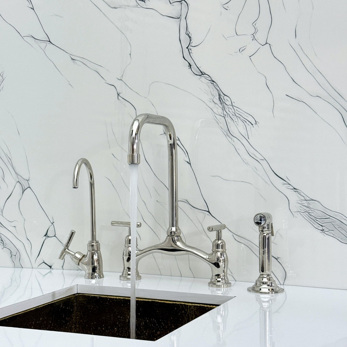 Polished Nickel Vintage Bridge Kitchen Faucet with Sprayer, Drinking Water Tap and Lever Handles