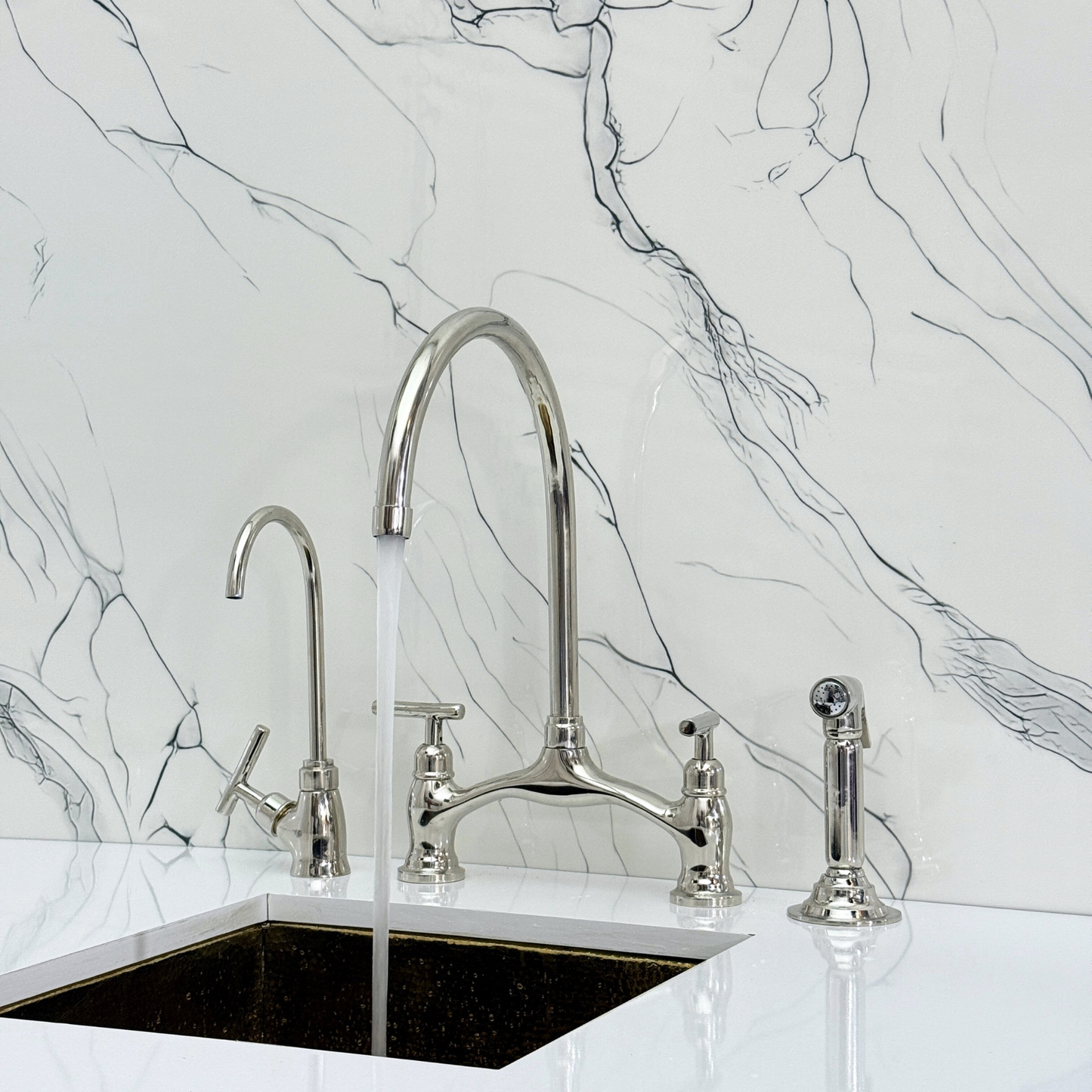 Polished Nickel Kitchen Bridge Faucet with Sprayer, Drinking Water Tap and Lever Handles