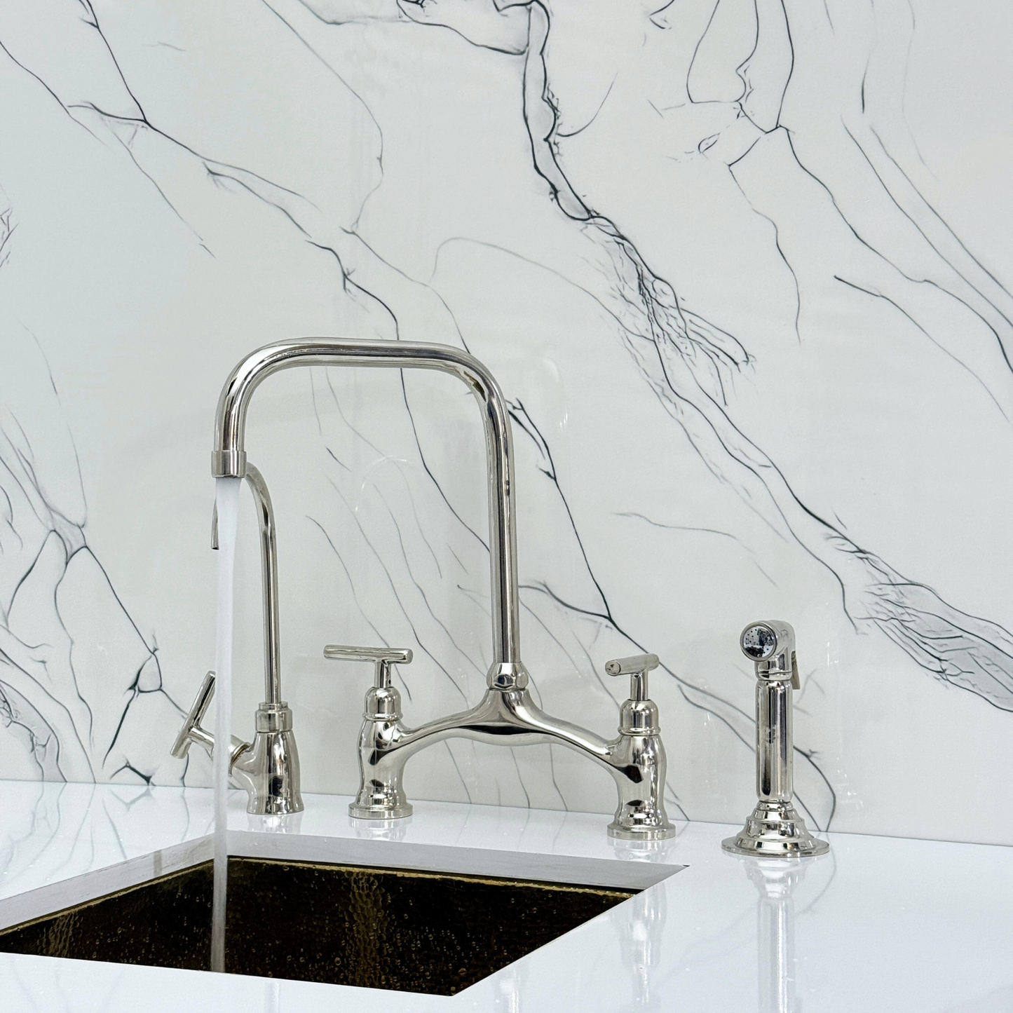 Polished Nickel Vintage Bridge Kitchen Faucet with Sprayer, Drinking Water Tap and Lever Handles