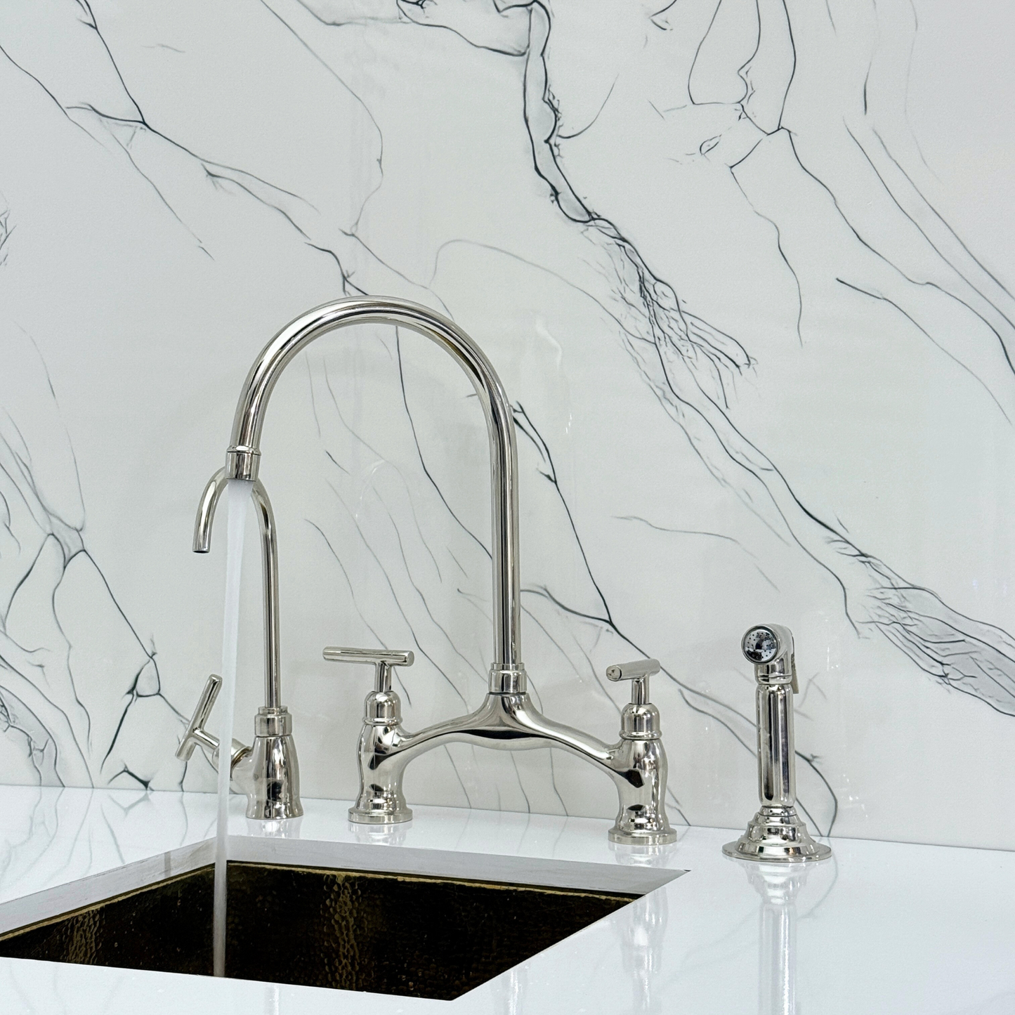 Polished Nickel Kitchen Bridge Faucet with Drinking Water Tap, Sprayer, and Lever Handles