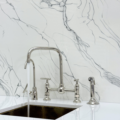 Polished Nickel Classic Bridge Faucet with Ball Center, Sprayer, Cold Water Faucet and Lever Handles