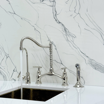 Polished Nickel Victorian Bridge Kitchen Faucet with Sprayer, Drinking Water Tap and Lever Handles