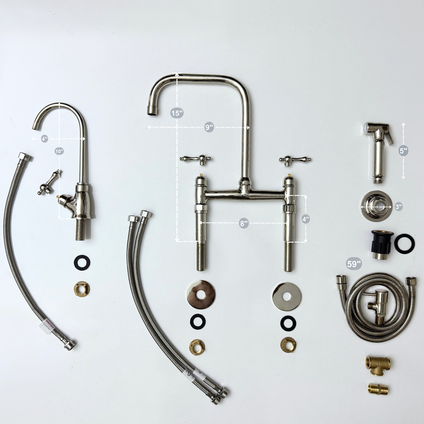 Polished Nickel Classic Bridge Faucet with Sprayer, Cold Water Faucet and Lever Handles