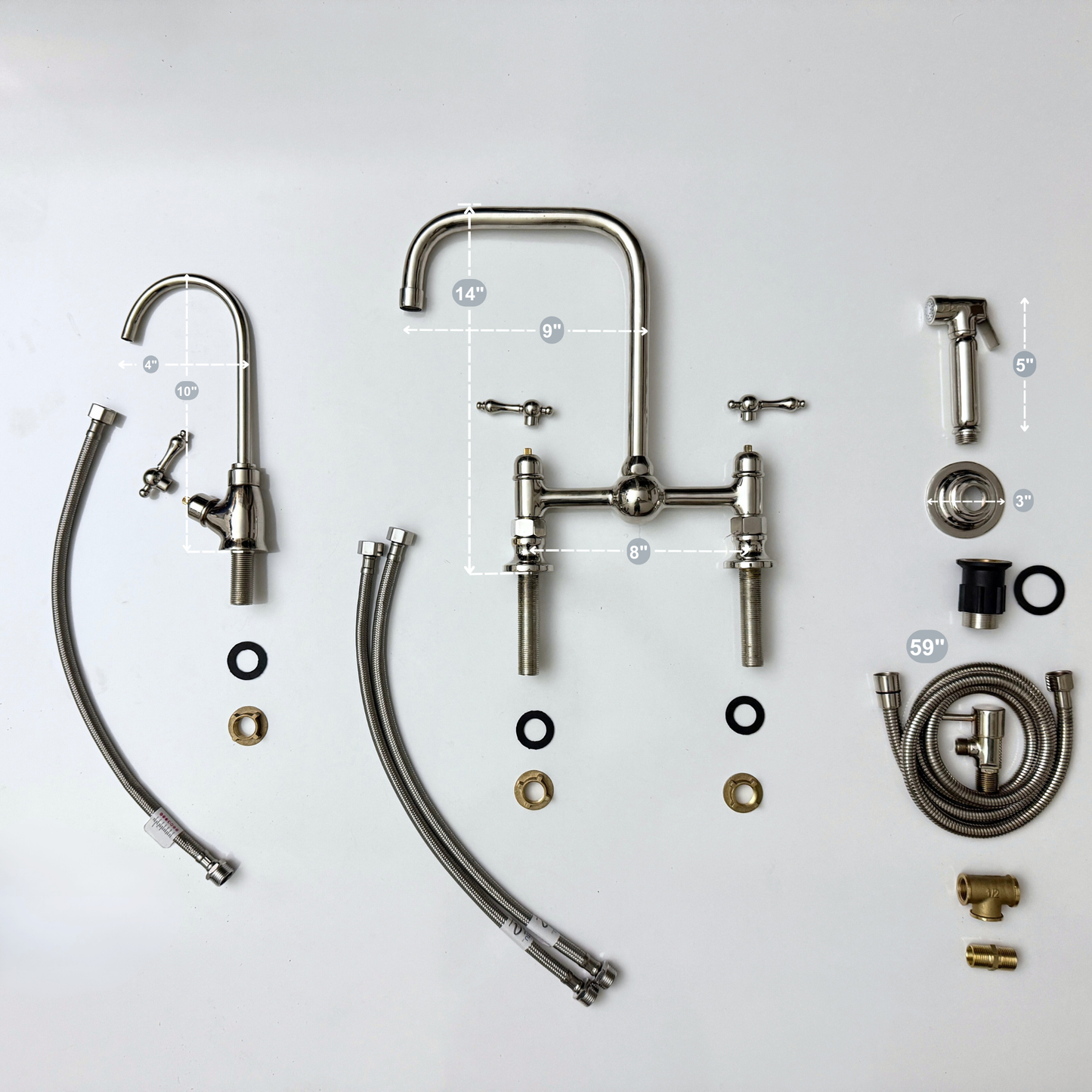 Polished Nickel Classic Bridge Faucet with Ball Center, Sprayer, Cold Water Faucet and Lever Handles