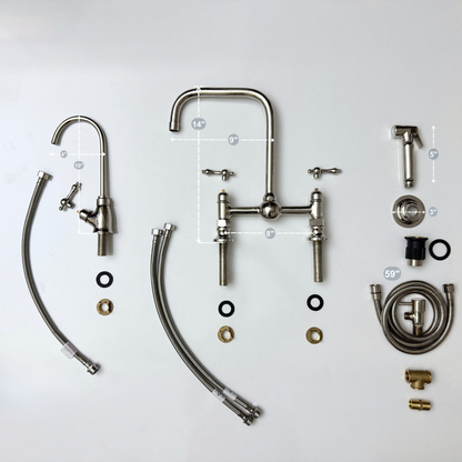 Polished Nickel Classic Bridge Faucet with Ball Center, Sprayer, Cold Water Faucet and Lever Handles