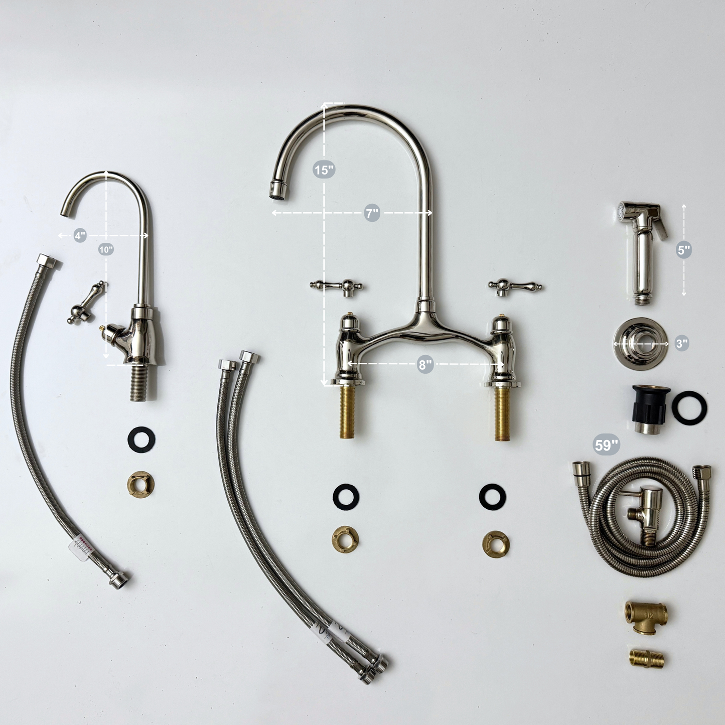Polished Nickel Kitchen Bridge Faucet with Drinking Water Tap, Sprayer, and Lever Handles