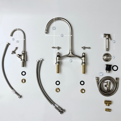 Polished Nickel Kitchen Bridge Faucet with Drinking Water Tap, Sprayer, and Lever Handles