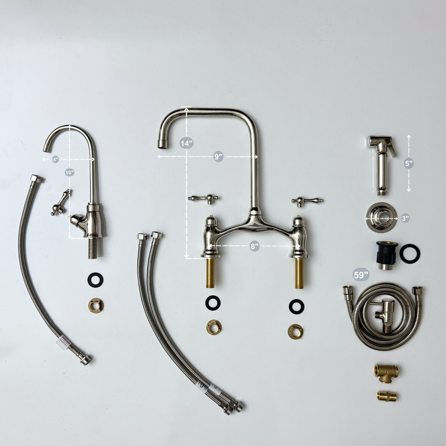 Polished Nickel Vintage Bridge Kitchen Faucet with Sprayer, Drinking Water Tap and Lever Handles