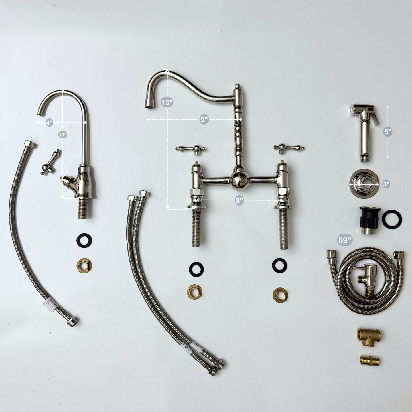 Polished Nickel Victorian Bridge Faucet with Ball Center, Sprayer, Cold Water Faucet, and Lever Handles