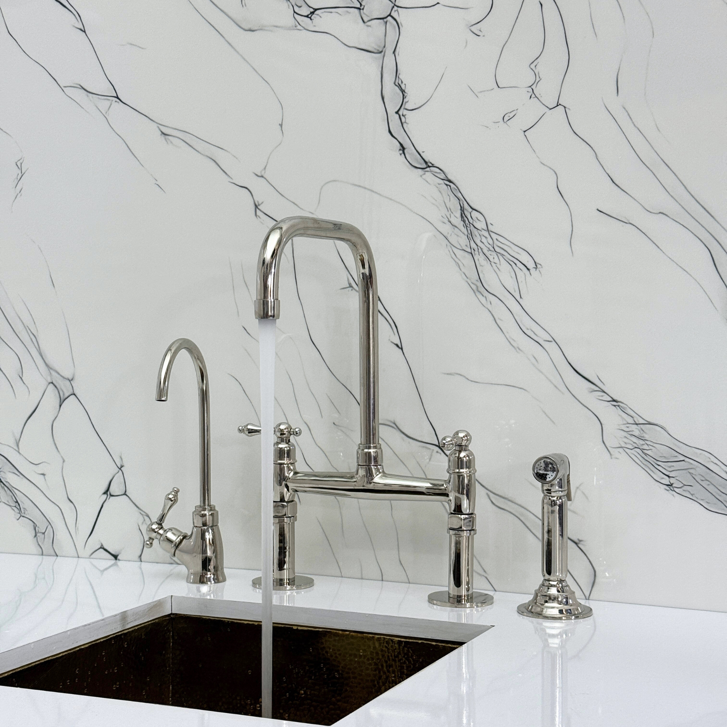 Polished Nickel Classic Bridge Faucet with Sprayer, Cold Water Faucet and Lever Handles