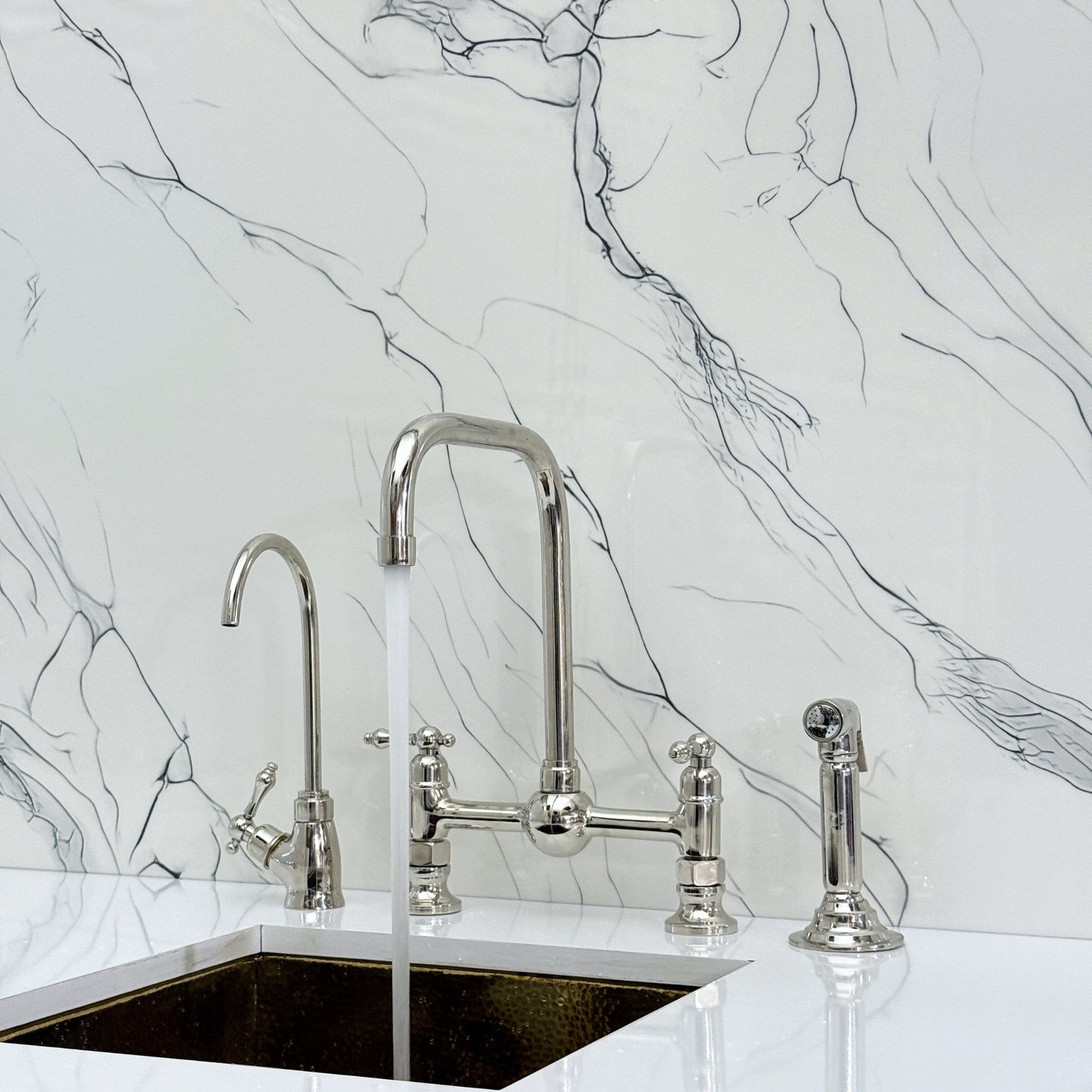 Polished Nickel Classic Bridge Faucet with Ball Center, Sprayer, Cold Water Faucet and Lever Handles