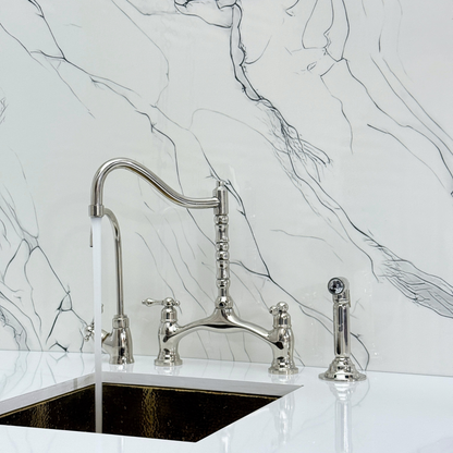 Polished Nickel Victorian Bridge Kitchen Faucet with Sprayer, Drinking Water Tap and Lever Handles