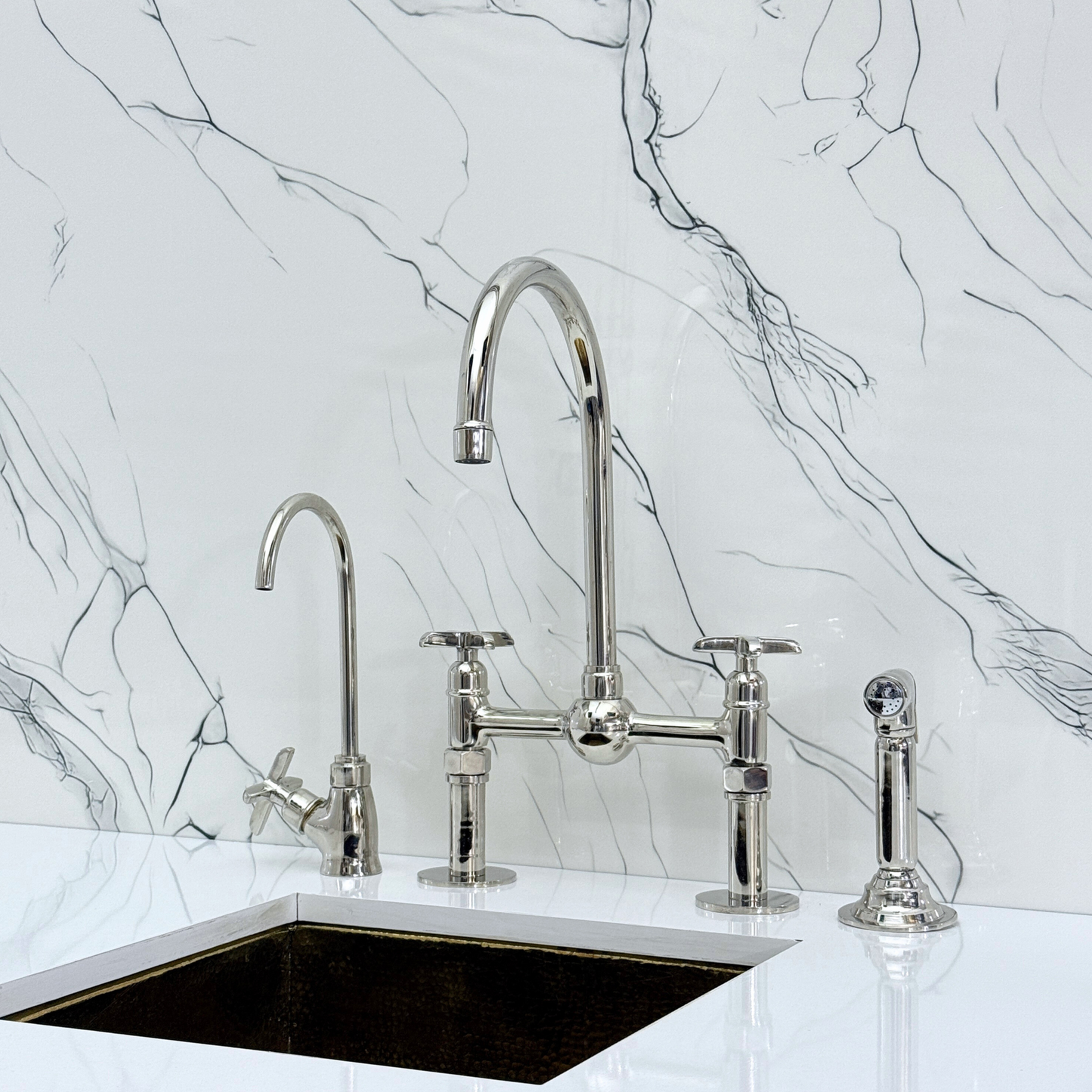 Polished Nickel Kitchen Bridge Faucet with Ball Center, Sprayer, Cold Water Faucet, Straight Legs and Cross Handles