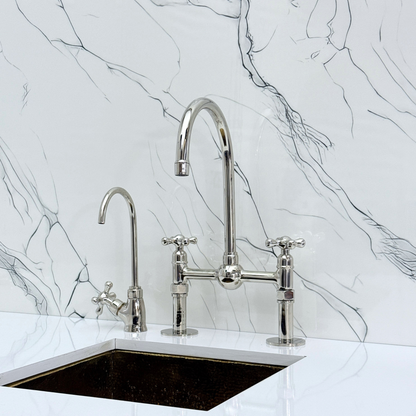 Polished Nickel Kitchen Bridge Faucet with Ball Center, Sprayer, Cold Water Faucet, Straight Legs and Cross Handles
