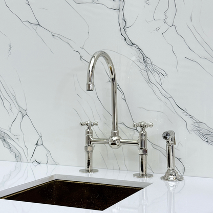 Polished Nickel Kitchen Bridge Faucet with Ball Center, Sprayer, Cold Water Faucet, Straight Legs and Cross Handles