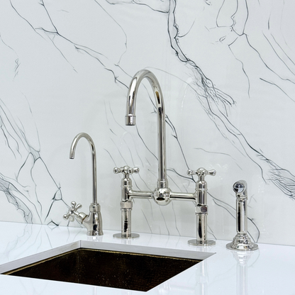 Polished Nickel Kitchen Bridge Faucet with Ball Center, Sprayer, Cold Water Faucet, Straight Legs and Cross Handles