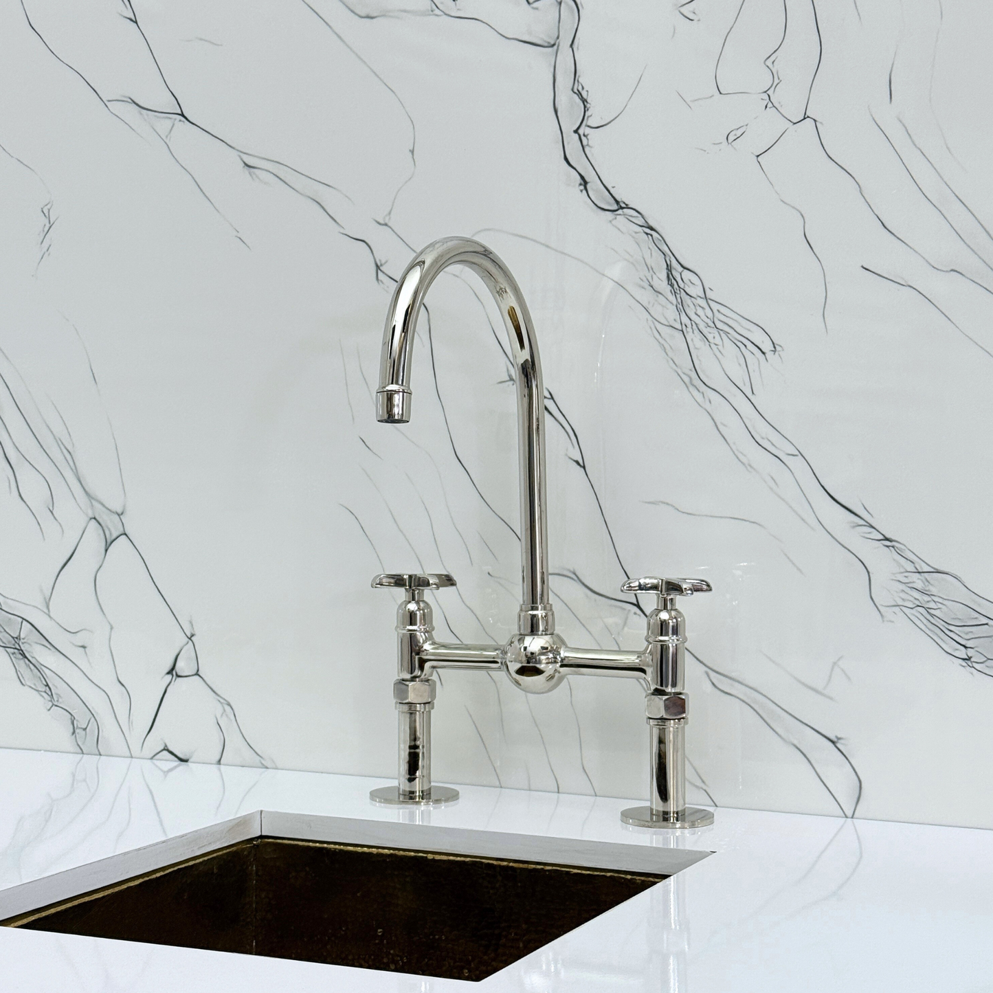 Polished Nickel Kitchen Bridge Faucet with Ball Center, Sprayer, Cold Water Faucet, Straight Legs and Cross Handles