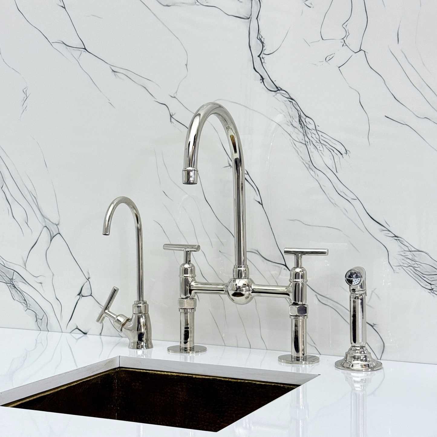 Polished Nickel Kitchen Bridge Faucet with Ball Center, Sprayer, Cold Water Faucet, Straight Legs and Lever Handles