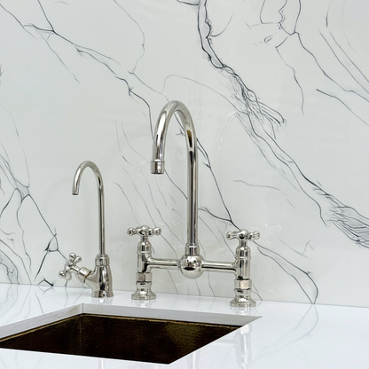 Polished Nickel Bridge Kitchen Faucet with Sprayer, Cold Water Faucet and Cross Handles