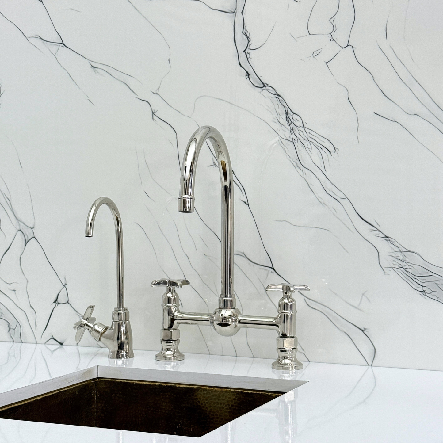 Polished Nickel Bridge Kitchen Faucet with Sprayer, Cold Water Faucet and Cross Handles