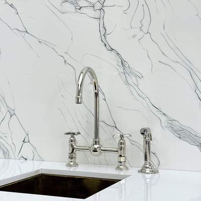 Polished Nickel Bridge Kitchen Faucet with Sprayer, Cold Water Faucet and Cross Handles