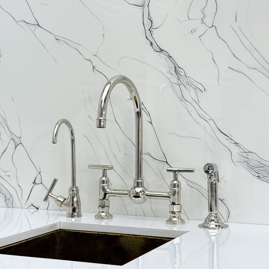 Polished Nickel Bridge Kitchen Faucet with Sprayer, Cold Water Faucet and Lever Handles