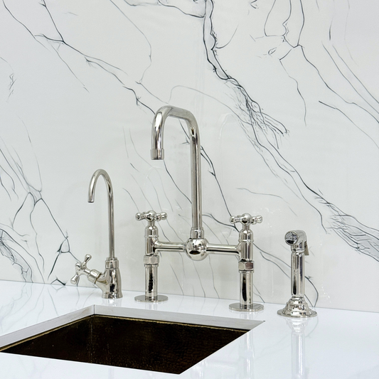 Polished Nickel Classic Bridge Faucet with Ball Center, Straight Legs, Sprayer, Cold Water Faucet and Cross Handles