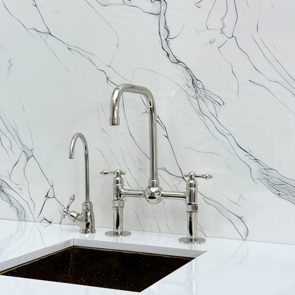 Polished Nickel Classic Bridge Faucet with Ball Center, Straight Legs, Sprayer, Cold Water Faucet and Lever Handles