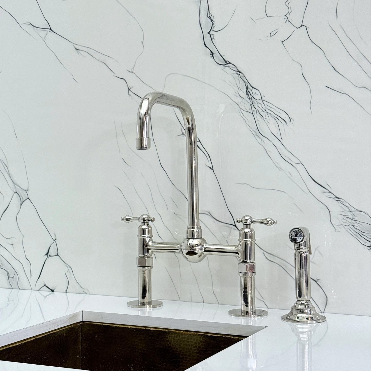 Polished Nickel Classic Bridge Faucet with Ball Center, Straight Legs, Sprayer, Cold Water Faucet and Lever Handles