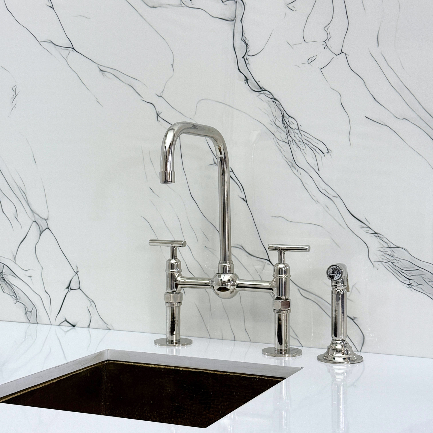 Polished Nickel Classic Bridge Faucet with Ball Center, Straight Legs, Sprayer, Cold Water Faucet and Lever Handles