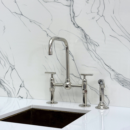 Polished Nickel Classic Bridge Faucet with Ball Center, Straight Legs, Sprayer, Cold Water Faucet and Lever Handles