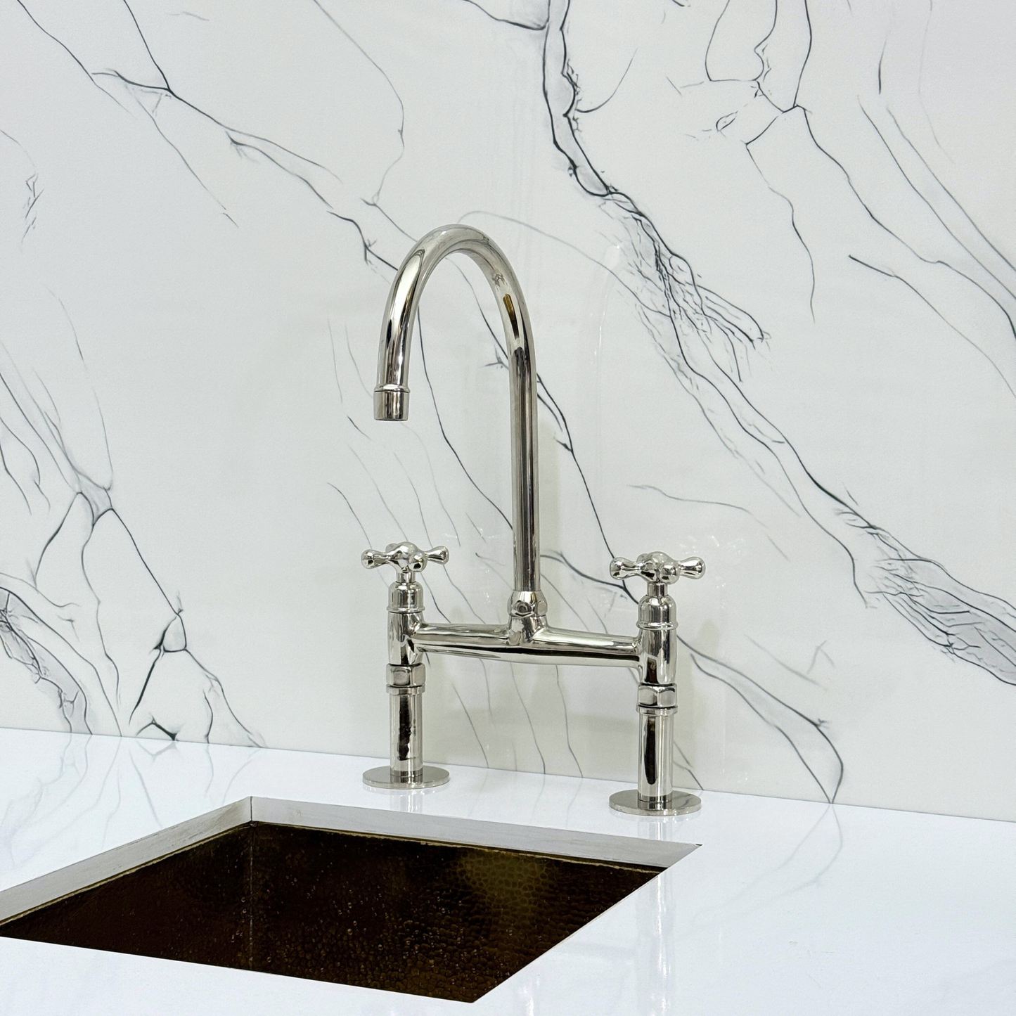 Polished Nickel Kitchen Bridge Faucet with Sprayer, Cold Water Faucet and Cross Handles