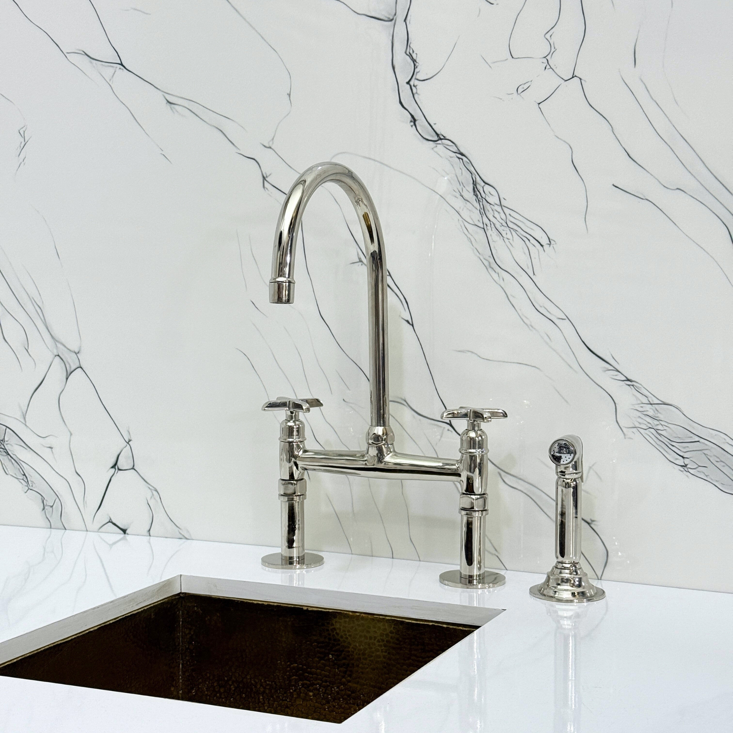 Polished Nickel Kitchen Bridge Faucet with Sprayer, Cold Water Faucet and Cross Handles