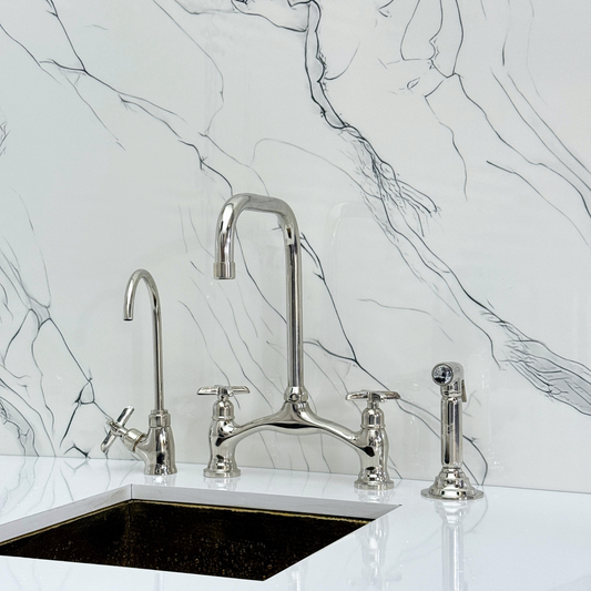 Polished Nickel Vintage Bridge Kitchen Faucet with Sprayer, Drinking Water Tap and Cross Handles