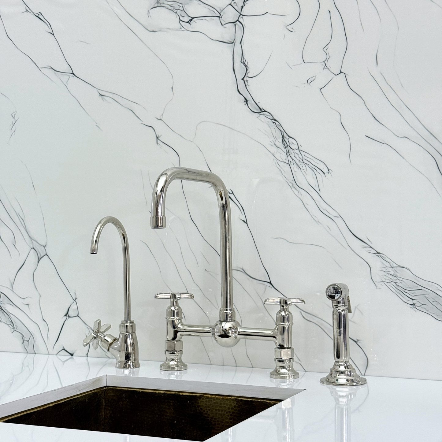 Polished Nickel Classic Bridge Faucet with Ball Center, Sprayer, Cold Water Faucet and Cross Handles